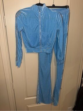 Light Blue Velour Zip-Up Track Set with Metallic Trim